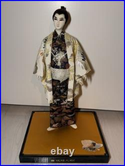 Japanese Ryukyu Ningyo Doll Pair Geisha & Samurai, Silk Kimono, 18-19 Vintage