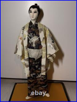 Japanese Ryukyu Ningyo Doll Pair Geisha & Samurai, Silk Kimono, 18-19 Vintage