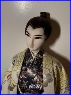 Japanese Ryukyu Ningyo Doll Pair Geisha & Samurai, Silk Kimono, 18-19 Vintage