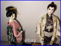 Japanese Ryukyu Ningyo Doll Pair Geisha & Samurai, Silk Kimono, 18-19 Vintage