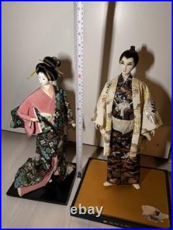 Japanese Ryukyu Ningyo Doll Pair Geisha & Samurai, Silk Kimono, 18-19 Vintage