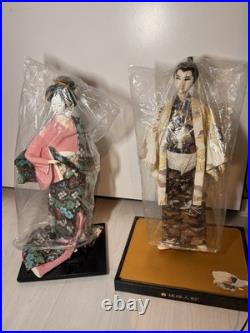 Japanese Ryukyu Ningyo Doll Pair Geisha & Samurai, Silk Kimono, 18-19 Vintage