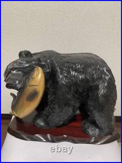 Japanese Wood Carving Bear Doll Eating Salmon Bear Hokkaido Folk Craft Vintage