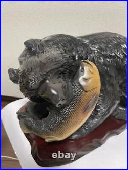 Japanese Wood Carving Bear Doll Eating Salmon Bear Hokkaido Folk Craft Vintage