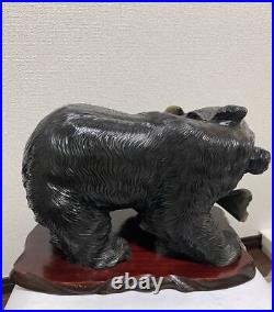 Japanese Wood Carving Bear Doll Eating Salmon Bear Hokkaido Folk Craft Vintage