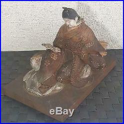 Japanese Wooden hand carving doll Girl reading a book statue Antique Vintage