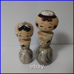 Kokeshi Doll Two Piece Set Authentic Vintage Collectible Marble Pattern