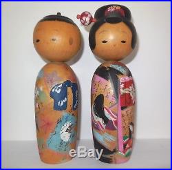 Kokeshi Dolls Japan Pair Vtg Signed Nodder Detailed Artwork Waka Poetry 8 1/2