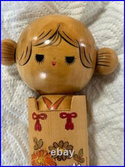Kokeshi Floral Hand Painted Wooden Doll Collectible Vintage Decor Figure
