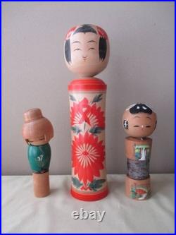 Kokeshi Wooden Dolls Three Piece Handmade Vintage Authentic Set Japanese