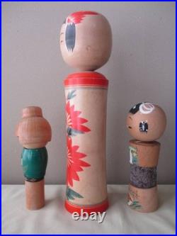 Kokeshi Wooden Dolls Three Piece Handmade Vintage Authentic Set Japanese