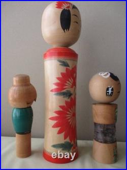 Kokeshi Wooden Dolls Three Piece Handmade Vintage Authentic Set Japanese