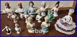 Lot of 14 Vintage German Japan Porcelain Chalkware Half Dolls Pincushion