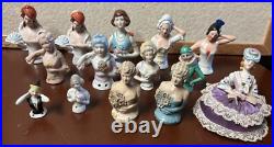 Lot of 14 Vintage German Japan Porcelain Chalkware Half Dolls Pincushion