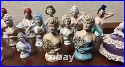 Lot of 14 Vintage German Japan Porcelain Chalkware Half Dolls Pincushion