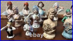 Lot of 14 Vintage German Japan Porcelain Chalkware Half Dolls Pincushion