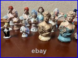 Lot of 14 Vintage German Japan Porcelain Chalkware Half Dolls Pincushion