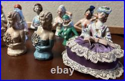 Lot of 14 Vintage German Japan Porcelain Chalkware Half Dolls Pincushion