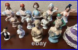 Lot of 14 Vintage German Japan Porcelain Chalkware Half Dolls Pincushion