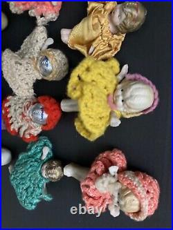 Lot of 15 Antique Bisque Dolls Frozen Charlotte Crochet Cloth Dresses Japan
