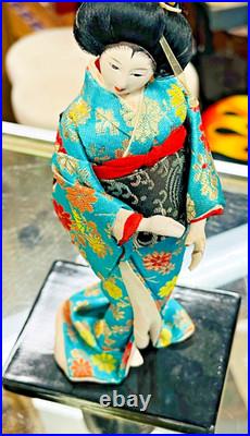 Mint Vintage Japanese kimono Doll Silk Green Geisha, hand-painted face