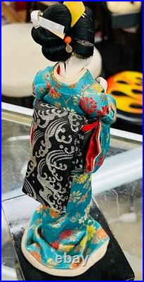 Mint Vintage Japanese kimono Doll Silk Green Geisha, hand-painted face
