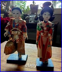 Pair Of Vintage Japanese Ichimatsu Hina Gofun Dolls 7.5 With Stands Midcentury