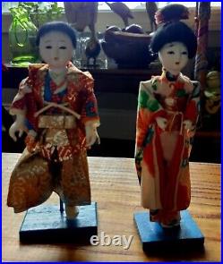 Pair Of Vintage Japanese Ichimatsu Hina Gofun Dolls 7.5 With Stands Midcentury