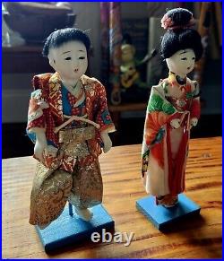 Pair Of Vintage Japanese Ichimatsu Hina Gofun Dolls 7.5 With Stands Midcentury