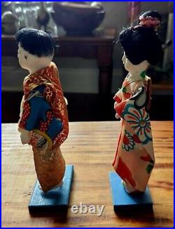 Pair Of Vintage Japanese Ichimatsu Hina Gofun Dolls 7.5 With Stands Midcentury