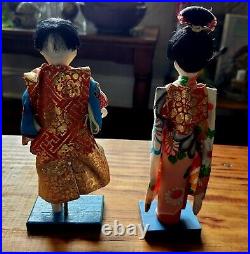 Pair Of Vintage Japanese Ichimatsu Hina Gofun Dolls 7.5 With Stands Midcentury