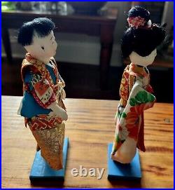 Pair Of Vintage Japanese Ichimatsu Hina Gofun Dolls 7.5 With Stands Midcentury