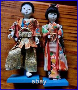 Pair Of Vintage Japanese Ichimatsu Hina Gofun Dolls 7.5 With Stands Midcentury