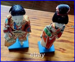 Pair Of Vintage Japanese Ichimatsu Hina Gofun Dolls 7.5 With Stands Midcentury