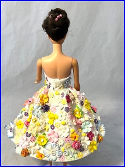 Ponytail Barbie Doll Brunette Hair in Bun With Beautiful OOAK Flowered Dress