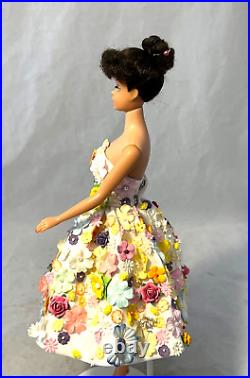 Ponytail Barbie Doll Brunette Hair in Bun With Beautiful OOAK Flowered Dress