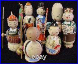 RARE 7 Lucky Gods Nodder Kokeshi Doll Set Fine Detail Old Stock 1960's Mint