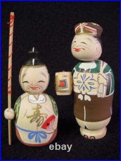 RARE 7 Lucky Gods Nodder Kokeshi Doll Set Fine Detail Old Stock 1960's Mint