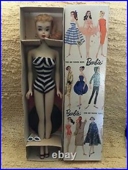 Rare! All Original Mattel Blonde Ponytail Barbie #3 Box, Liner, Stand, Booklet