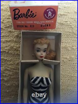 Rare! All Original Mattel Blonde Ponytail Barbie #3 Box, Liner, Stand, Booklet