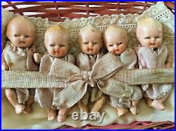 Rare Antique Miniature Set Of Quintuplets Dolls-japan-kresge-2.5-dolls House