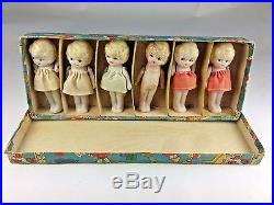 Rare Vintage Japanese Bisque Porcelain (6) Sextuplet Dolls Original Box Japan