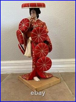 Rare Vintage Yoshitoku Japanese Geisha Doll in Red Kimono Kabuki Dance 15 Tall