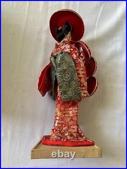 Rare Vintage Yoshitoku Japanese Geisha Doll in Red Kimono Kabuki Dance 15 Tall
