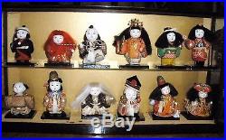 Set of 12 Vintage JAPANESE DOLLS IN TRADITIONAL COSTUMES in Glass Case