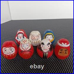 Seven Vintage Daruma Dolls Set Shirakawa Kurume Takasaki Shingen Hime Showa Era