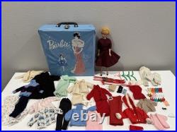 VINTAGE 1958 BUBBLE CUT BARBIE DOLL With1962 BLUE CASE & CLOTHES LOT