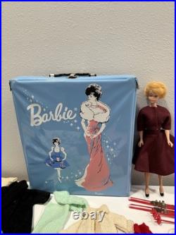 VINTAGE 1958 BUBBLE CUT BARBIE DOLL With1962 BLUE CASE & CLOTHES LOT