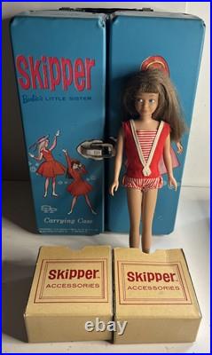 VINTAGE 1963 MATTEL BARBIE SKIPPER DOLL BRUNETTE Marked Japan Foot W Carry Case