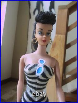 VINTAGE OOAK #5 PONYTAIL BARBIE With REROOTED Raven Silk Hair / Zebra Swimsuit